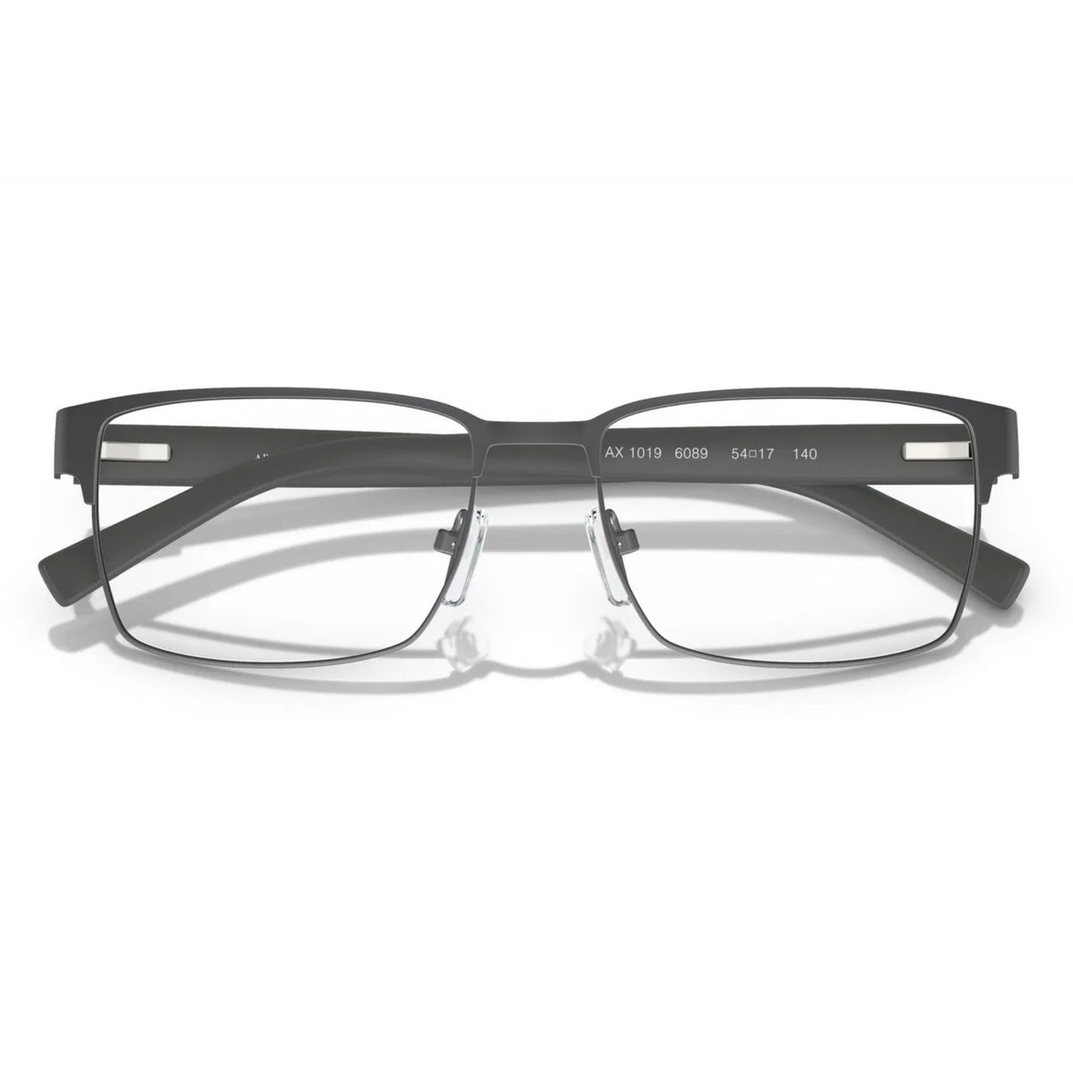 Armani Exchange AX1019 matte gunmetal square eyeglasses, front view with the temples folded