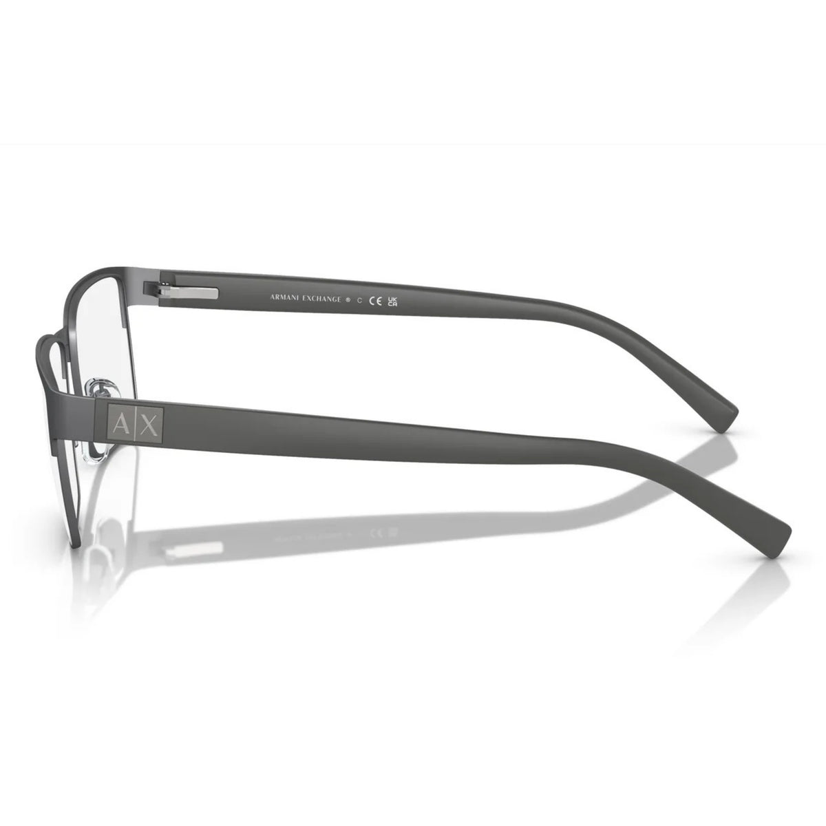 Armani Exchange AX1019 matte gunmetal square eyeglasses, side view of the temple