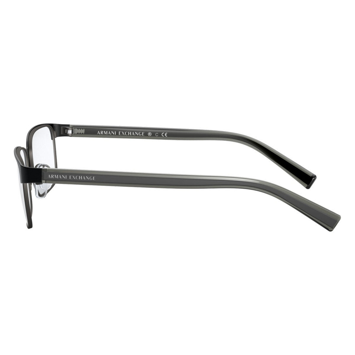 Armani Exchange AX1042 matte black rectangle eyeglasses, side view of the temple