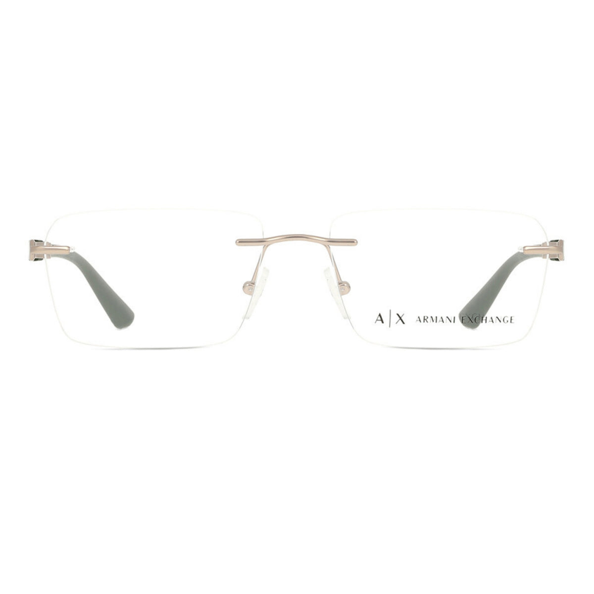 Armani Exchange AX1064 matte silver rimless eyeglasses, metal and plastic frame