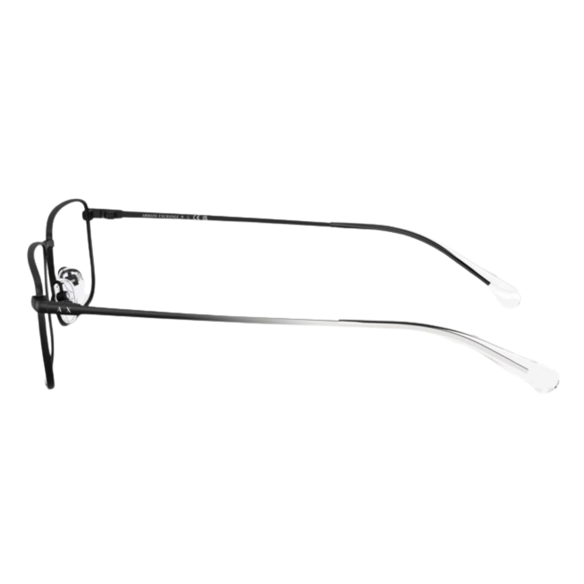 Armani Exchange AX1069 matte black rectangle eyeglasses, side view of the temple