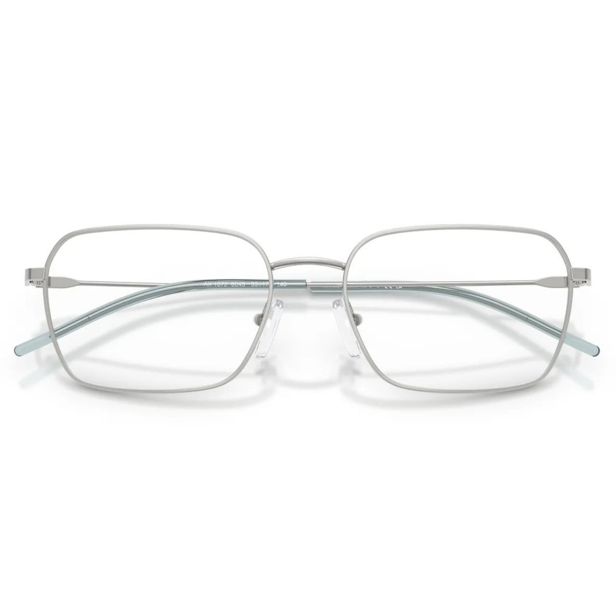Armani Exchange AX1072 shiny silver square eyeglasses, front view with the temples folded