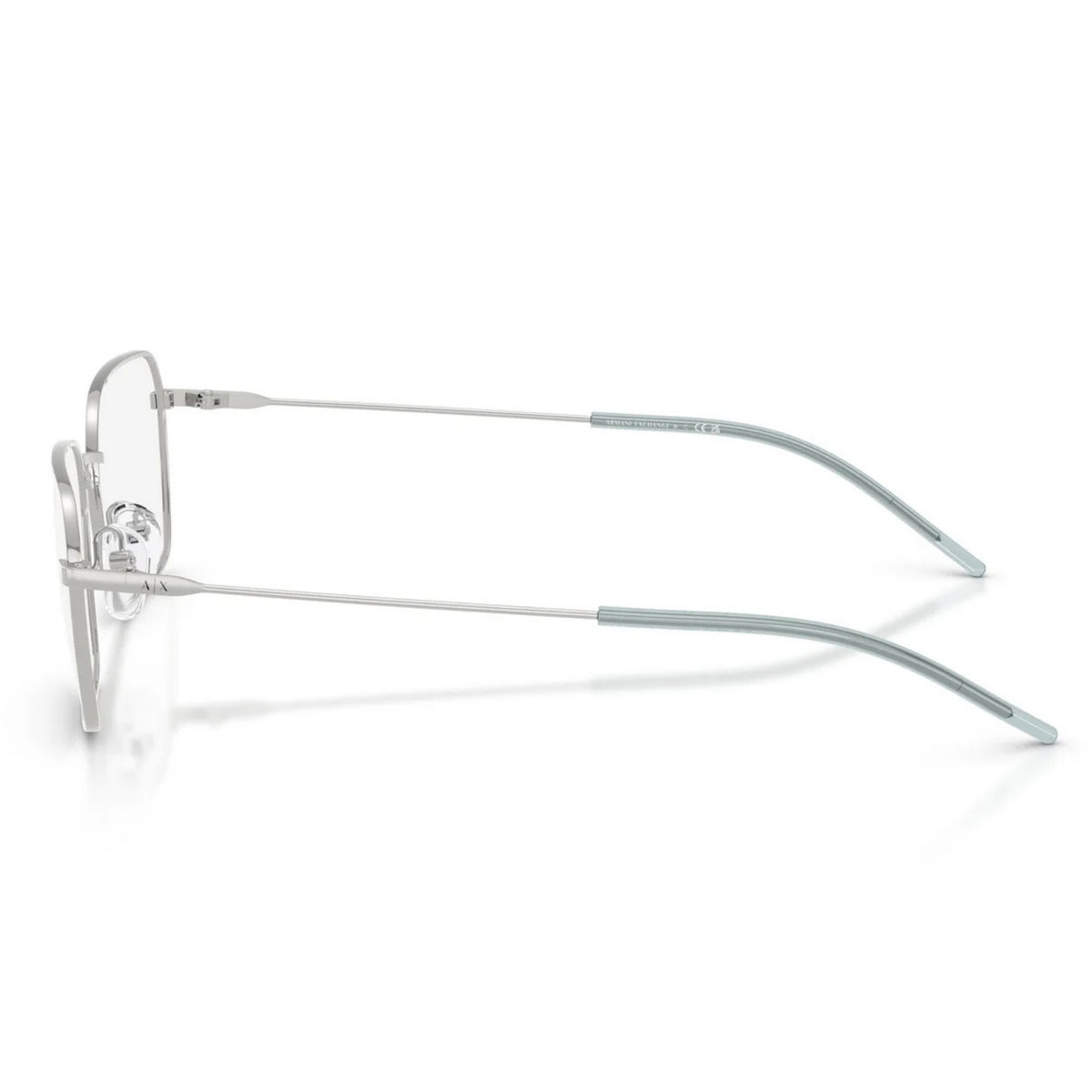 Armani Exchange AX1072 shiny silver square eyeglasses, side view of the temple
