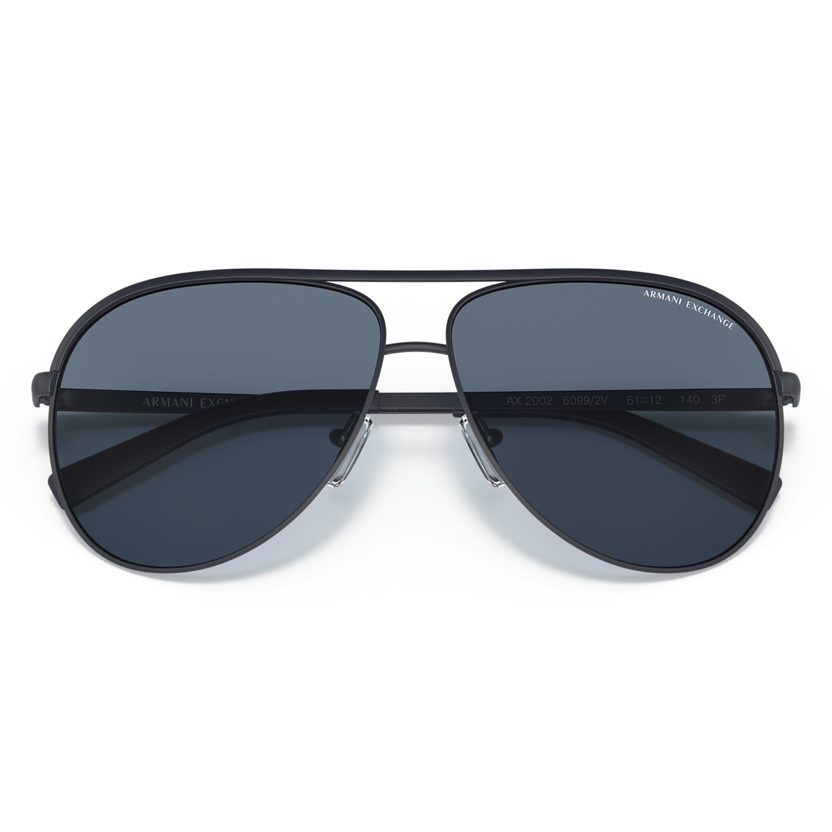 Armani Exchange AX2002 matte blue aviator sunglasses, front view with the temples folded