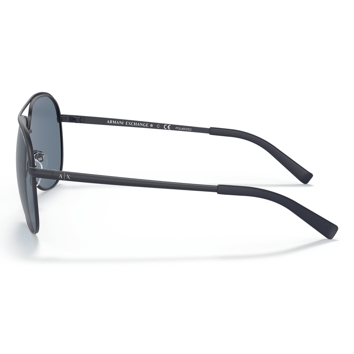 Armani Exchange AX2002 matte blue aviator sunglasses, side view of the temple