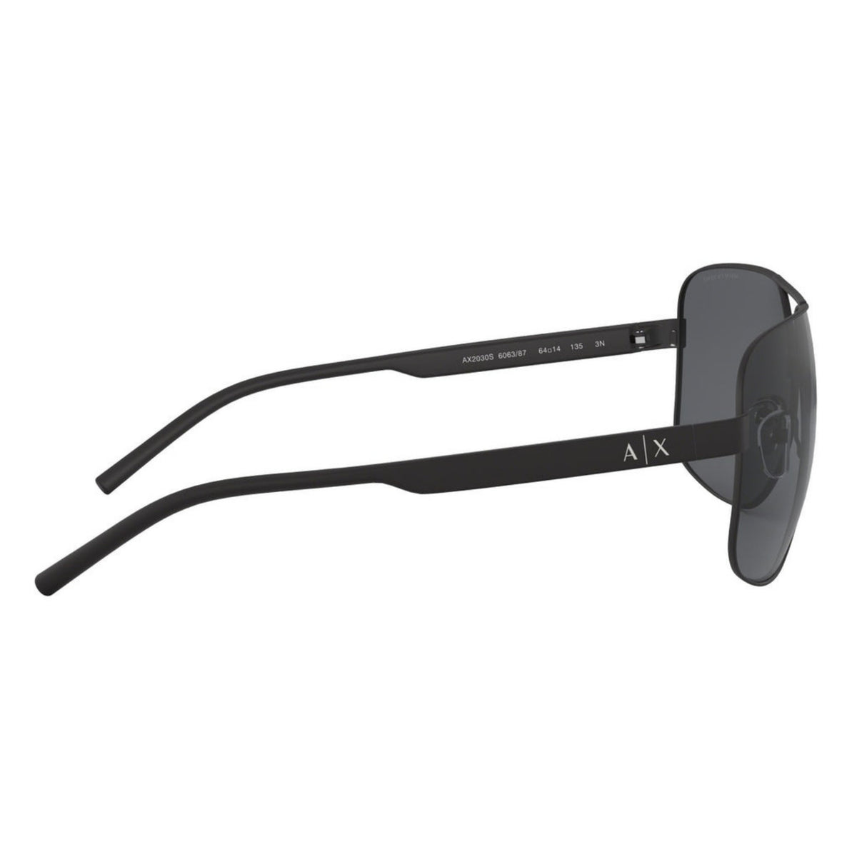 Armani Exchange AX2030S matte black square sunglasses, side view of the temple