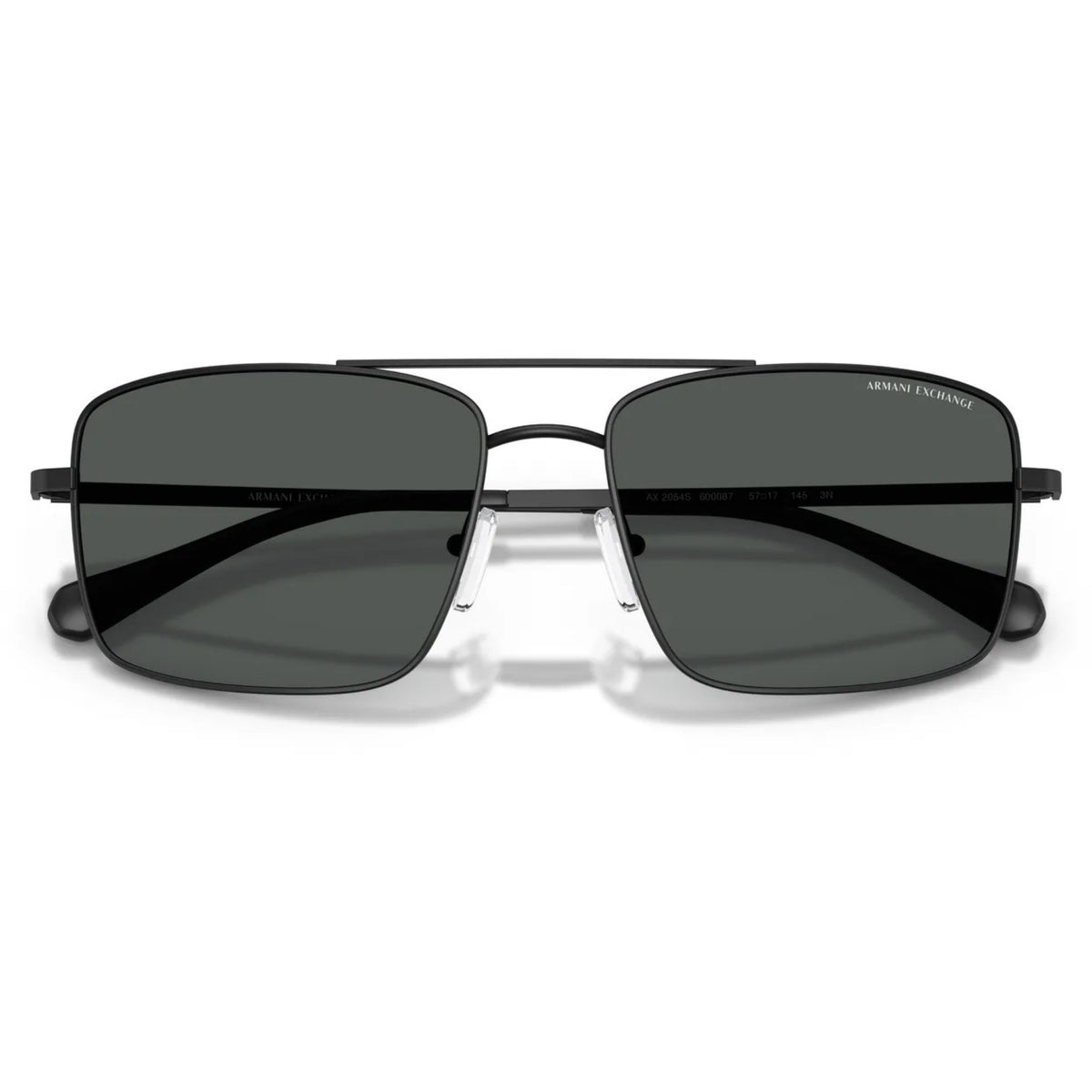 Armani Exchange AX2054S matte black aviator sunglasses, front view with the temples folded