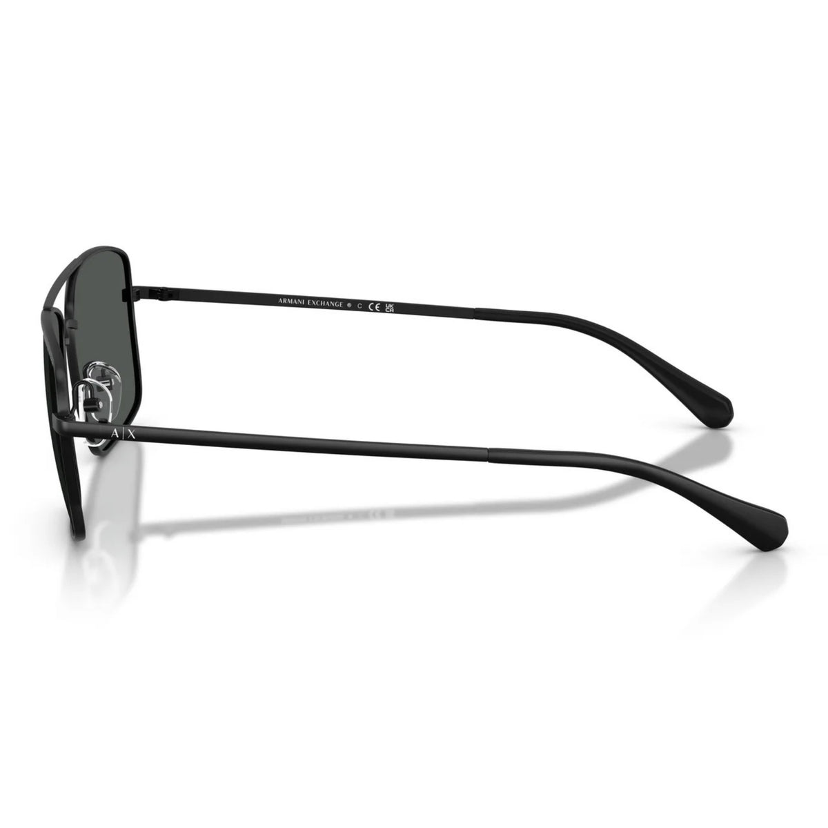 Armani Exchange AX2054S matte black aviator sunglasses, side view of the temple
