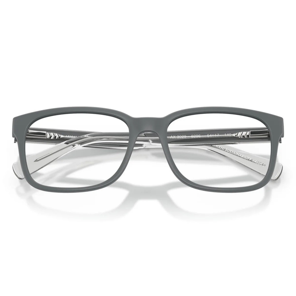 Armani Exchange AX3029 matte grey square eyeglasses, front view with the temples folded