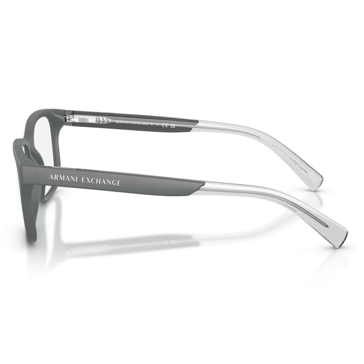 Armani Exchange AX3029 matte grey square eyeglasses, side view of the temple