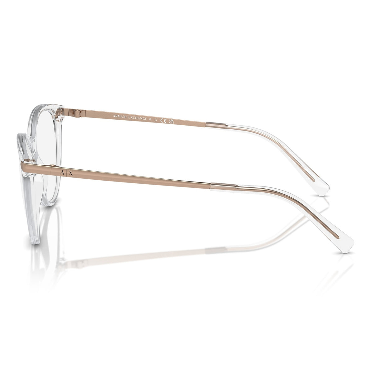 Armani Exchange AX3078 shiny crystal cat-eye eyeglasses, side view of the rose gold temple