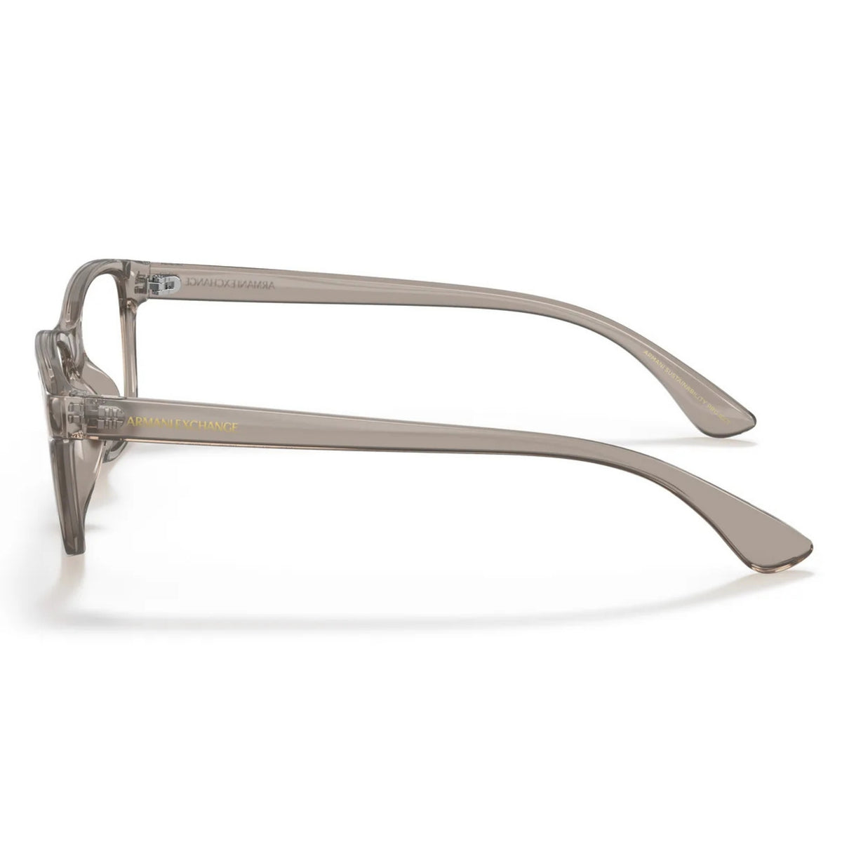 Armani Exchange AX3082U transparent tundra cat-eye eyeglasses, side view of the temple
