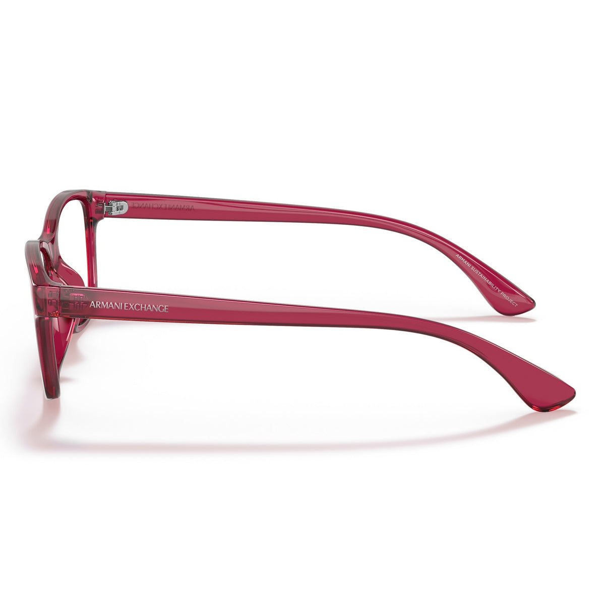 Armani Exchange AX3082U transparent pink cat-eye eyeglasses, side view of the temple