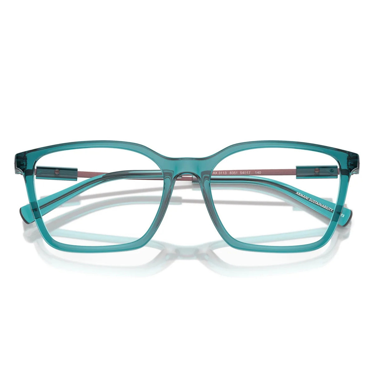 Armani Exchange AX3113 shiny transparent green square eyeglasses, front view with the temples folded