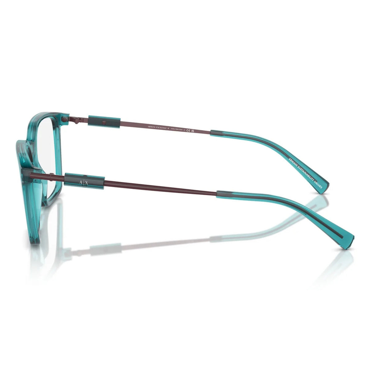 Armani Exchange AX3113 shiny transparent green square eyeglasses, side view of the brown temple