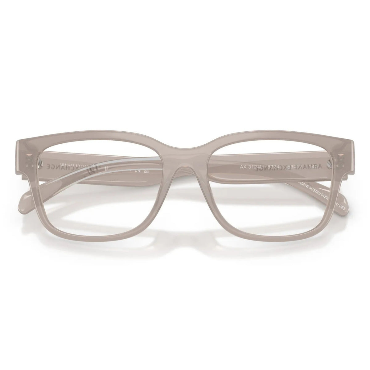 Armani Exchange AX3124U shiny opal light grey square eyeglasses, front view with the temples folded