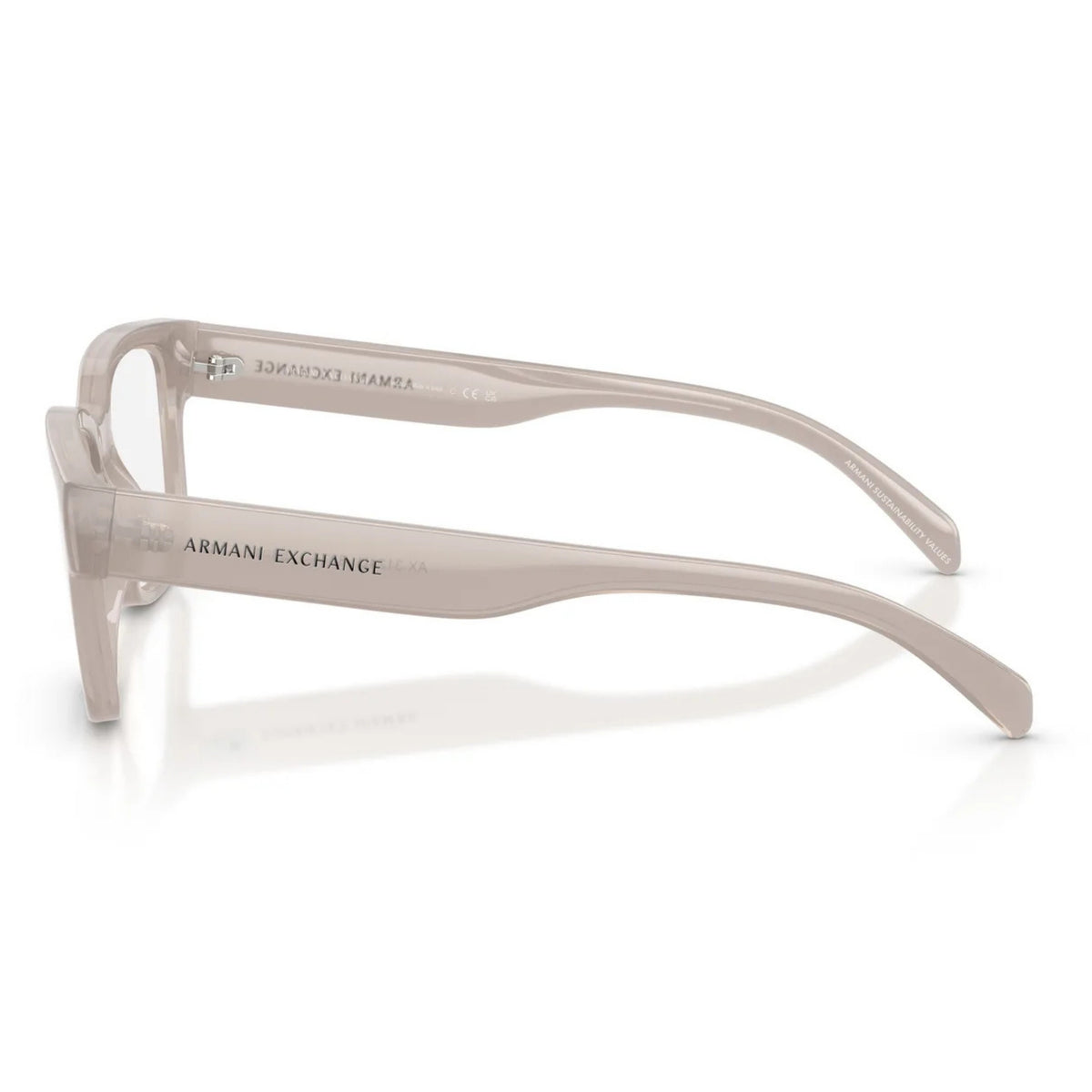 Armani Exchange AX3124U shiny opal light grey square eyeglasses, side view of the temple