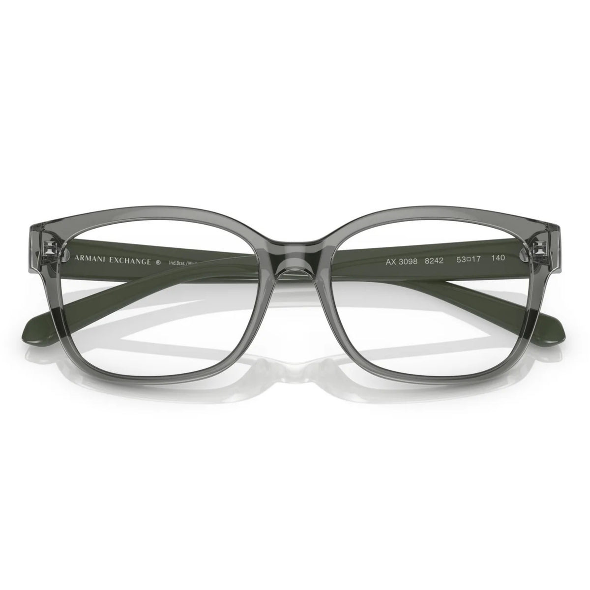 AX3098 shiny transparent green rectangle eyeglasses, front view with the temples folded