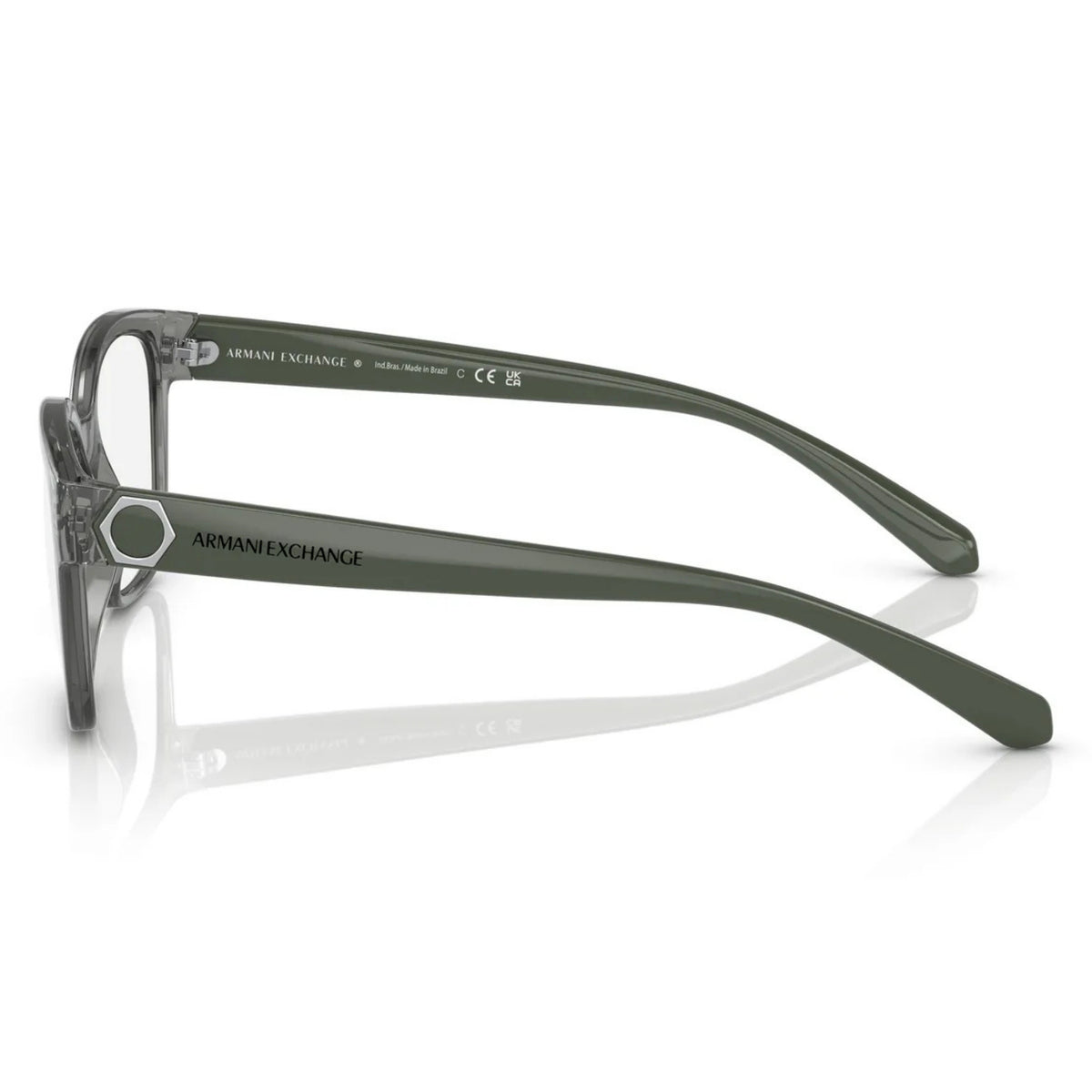AX3098 shiny transparent green rectangle eyeglasses, side view of the temple
