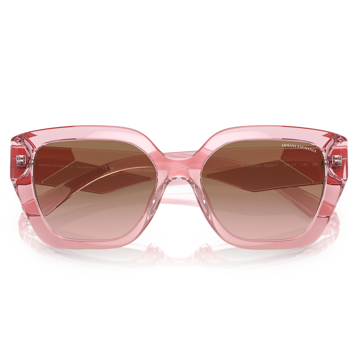 AX4125SU shiny transparent pink rectangle sunglasses, front view with the temples folded