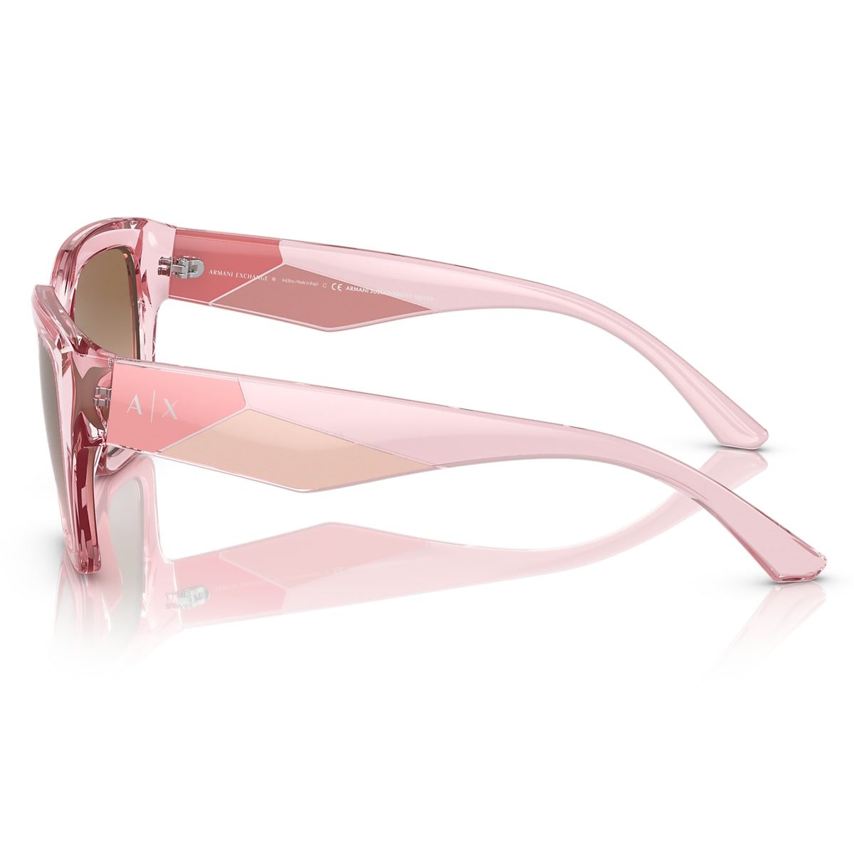AX4125SU shiny transparent pink rectangle sunglasses, side view of the temple