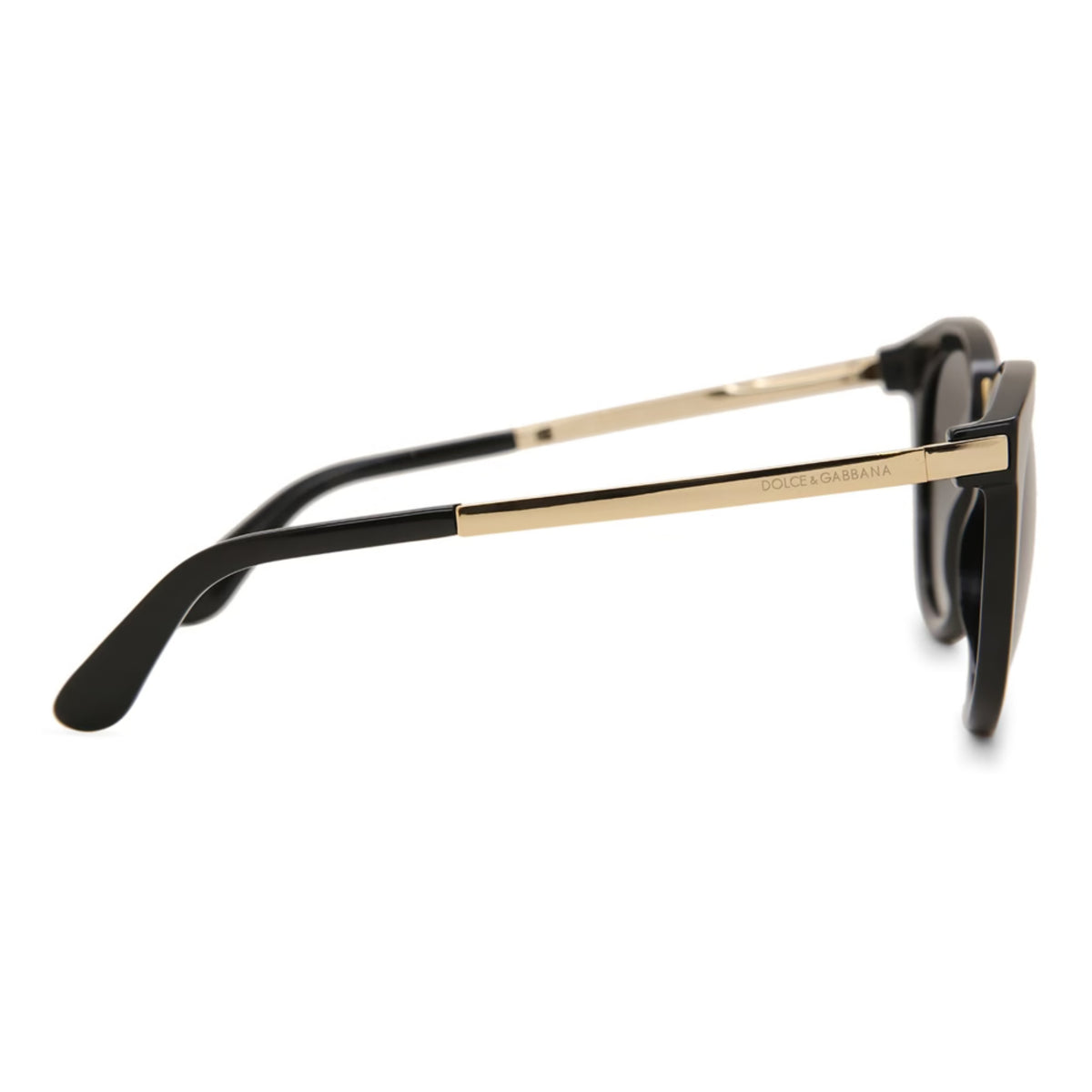 Dolce & Gabbana DG4268 black oval sunglasses, side view of the gold temple