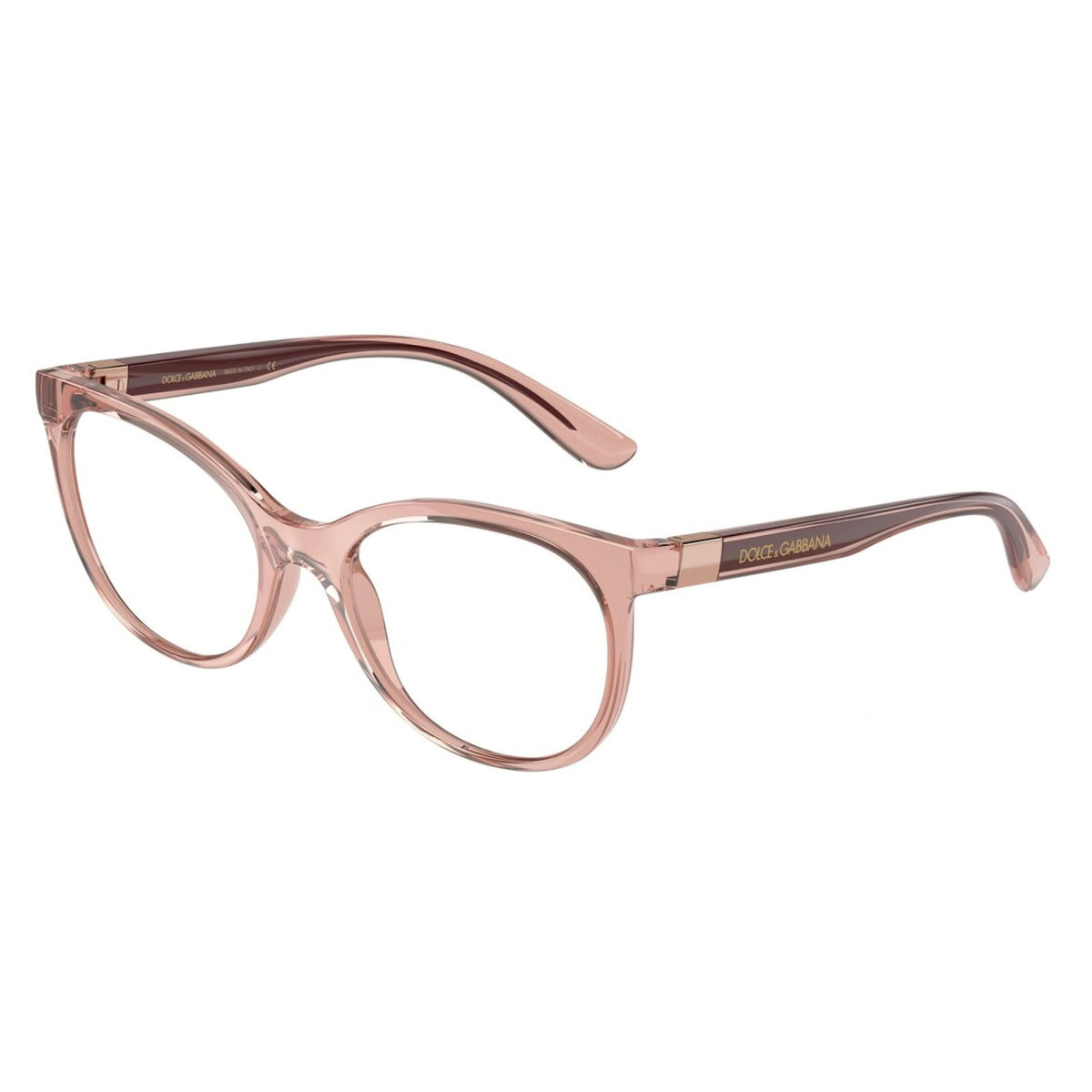 Close-up of the Dolce & Gabbana logo on the temple of the DG5084 transparent pink cat-eye eyeglasses