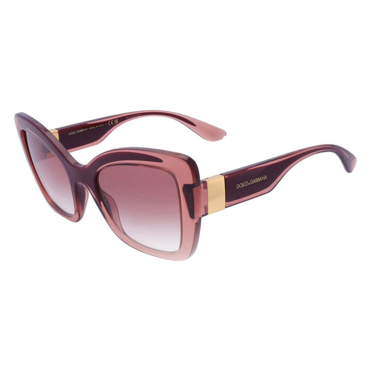 Close-up of the Dolce & Gabbana logo on the temple of the DG6170 transparent pink cat-eye sunglasses