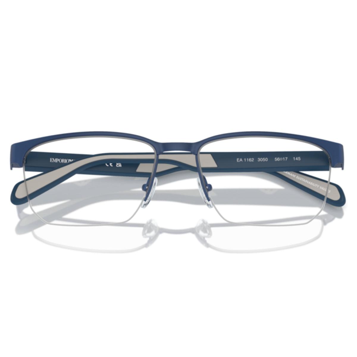 Emporio Armani EA1162 matte blue geometric eyeglasses, front view with the temples folded
