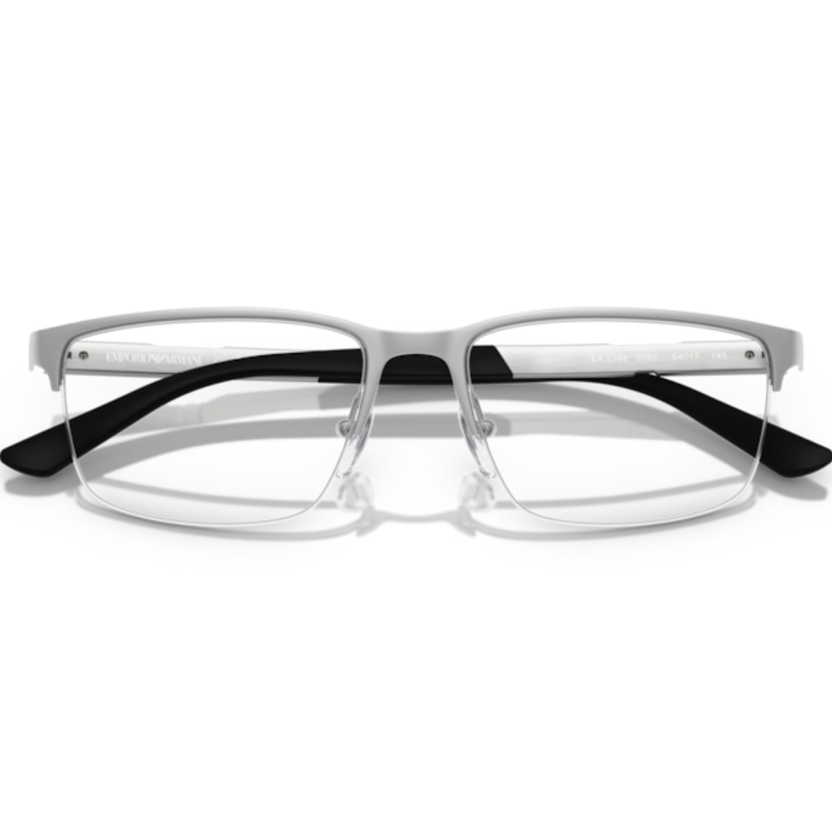 Emporio Armani EA1164 matte silver rectangle eyeglasses, front view with the temples folded
