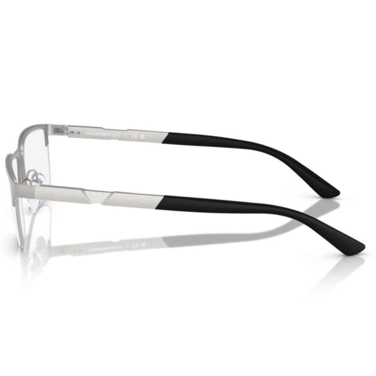 Emporio Armani EA1164 matte silver rectangle eyeglasses, side view of the temple