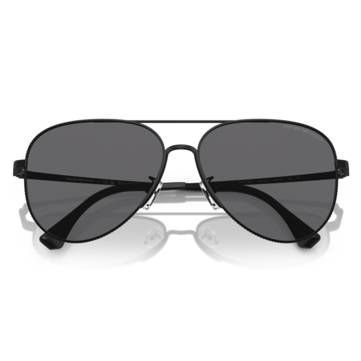 Emporio Armani EA2149D matte black aviator sunglasses, front view with the temples folded