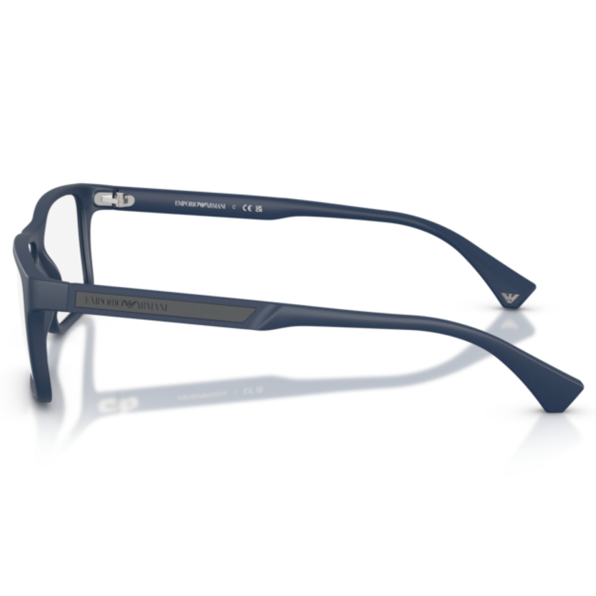 Emporio Armani EA3038 matte blue rectangle eyeglasses, side view of the temple