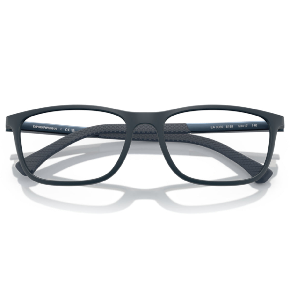 Emporio Armani EA3069 matte blue rectangle eyeglasses, front view with the temples folded