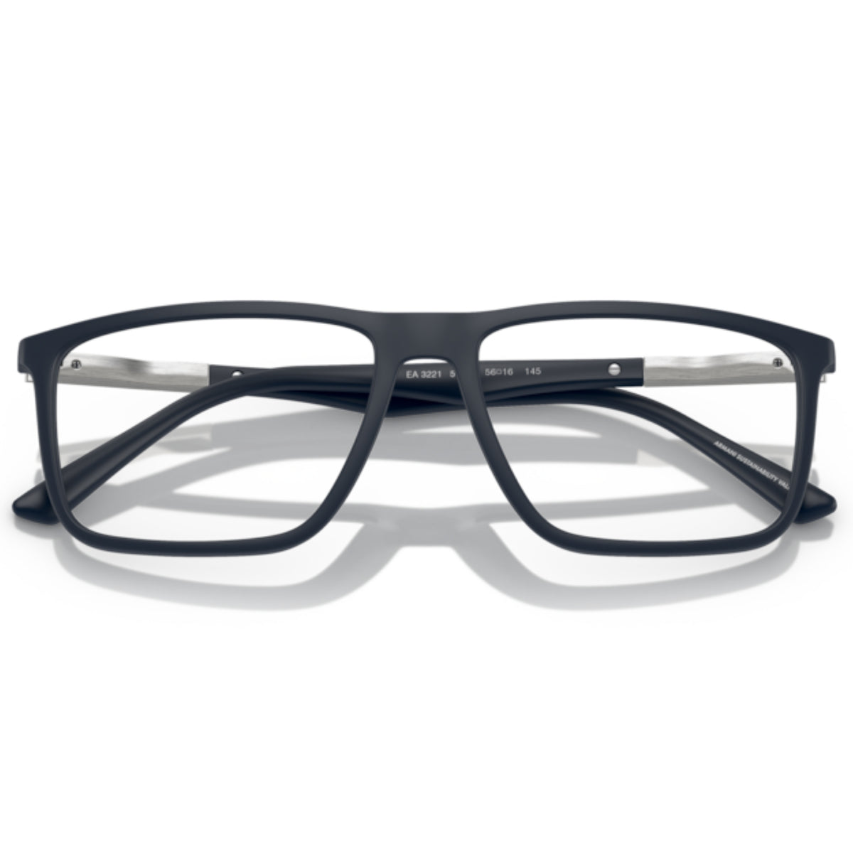 Emporio Armani EA3221 matte blue rectangle eyeglasses, front view with the temples folded