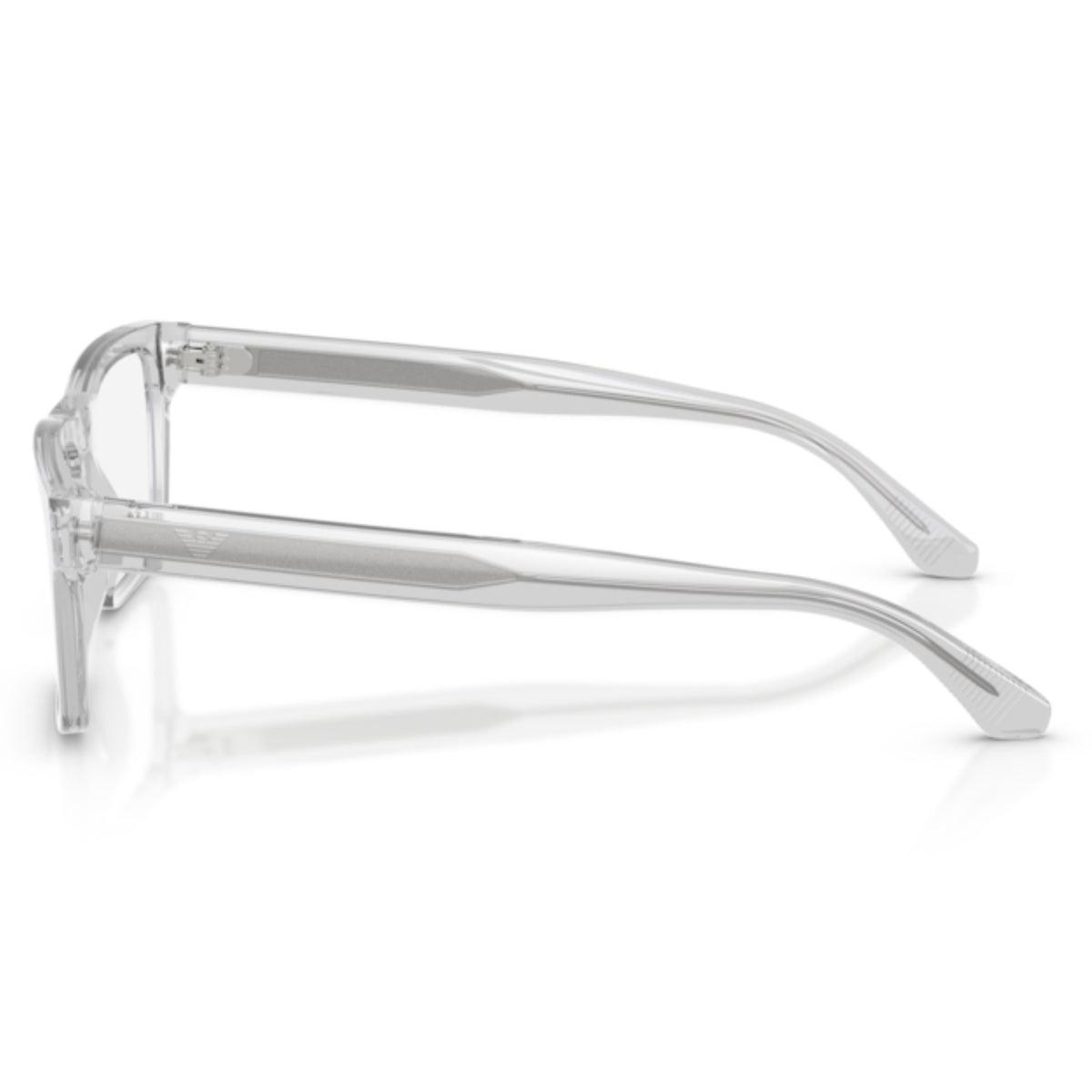 Emporio Armani EA3254 transparent crystal rectangle eyeglasses, side view of the temple