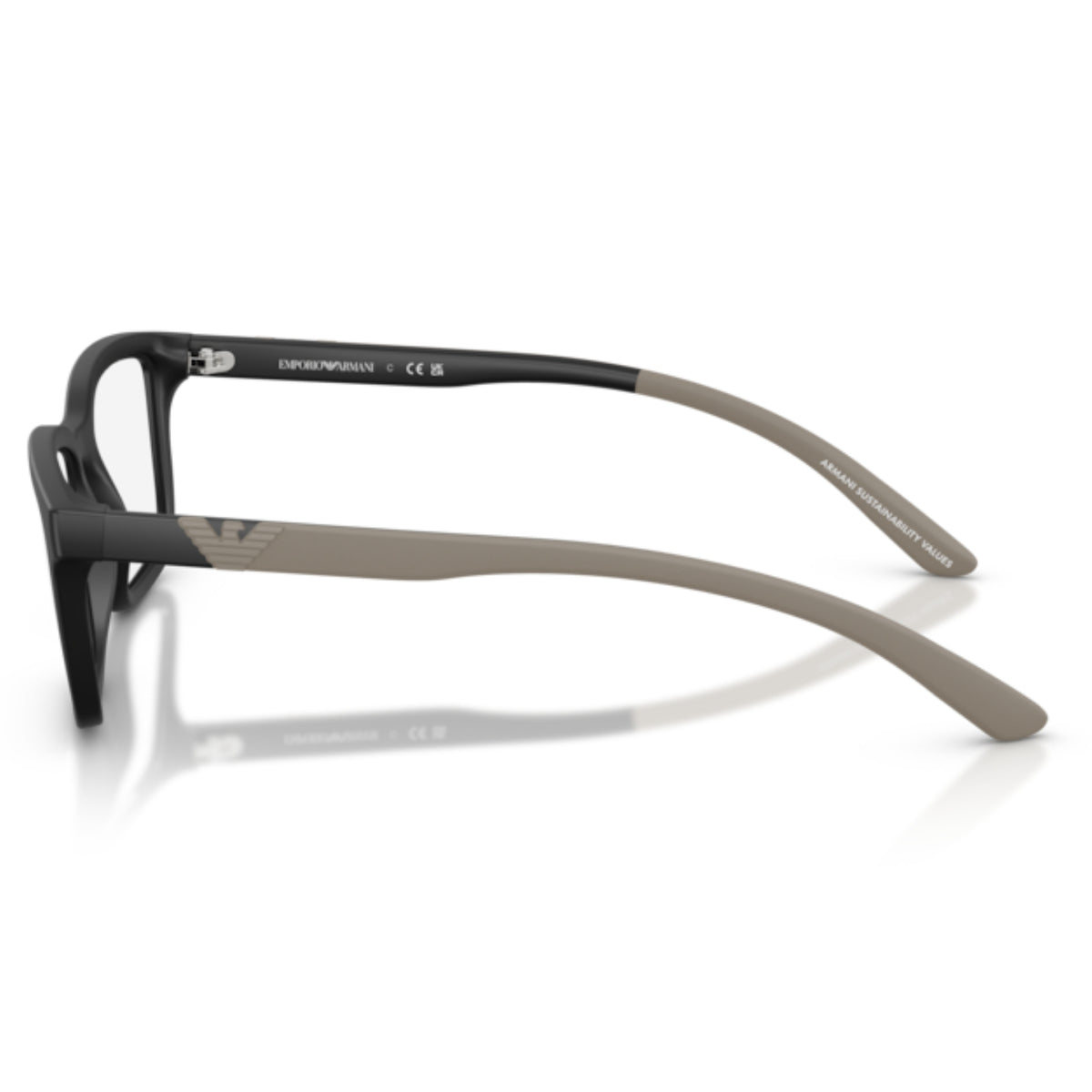 Emporio Armani EA3259 matte black rectangle eyeglasses, side view of the temple
