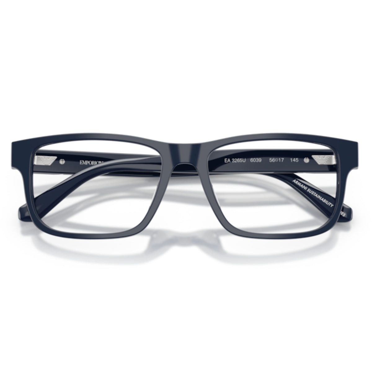 Emporio Armani EA3265U shiny blue rectangle eyeglasses, front view with the temples folded