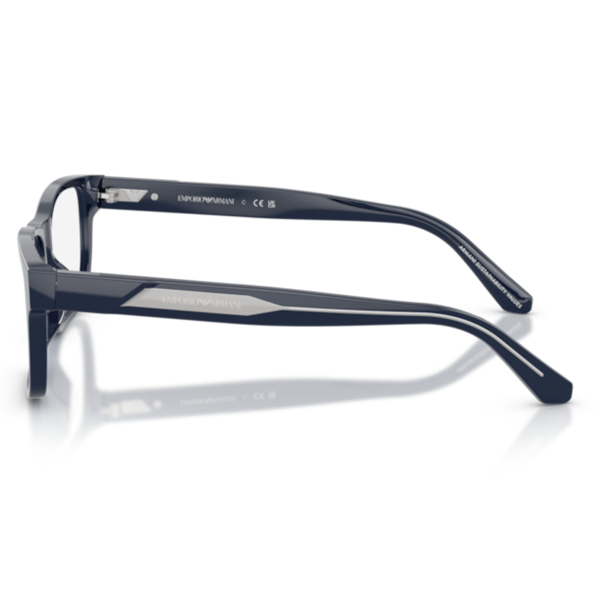 Emporio Armani EA3265U shiny blue rectangle eyeglasses, side view of the temple