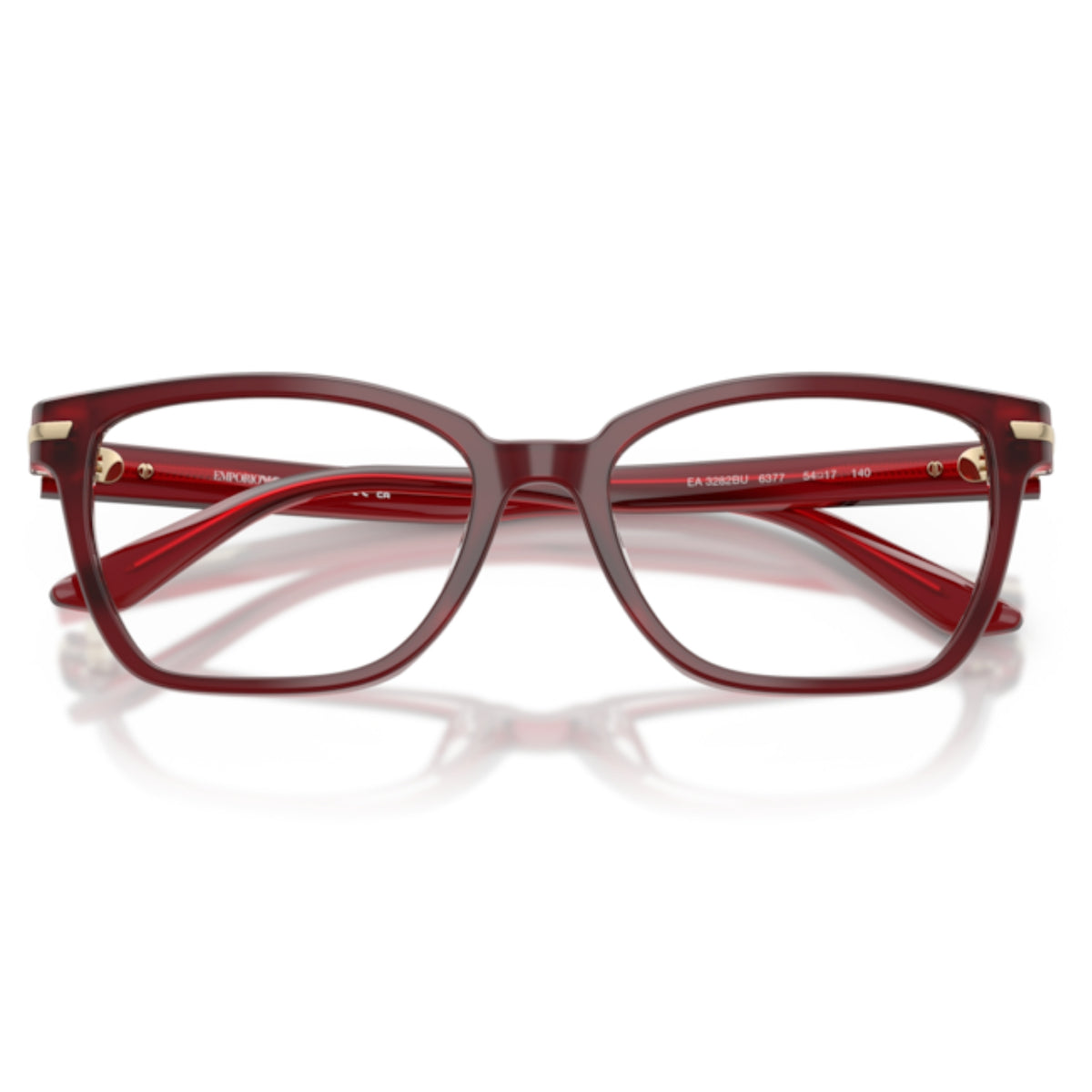 Emporio Armani EA3282BU shiny bordeaux cat-eye eyeglasses, front view with the temples folded
