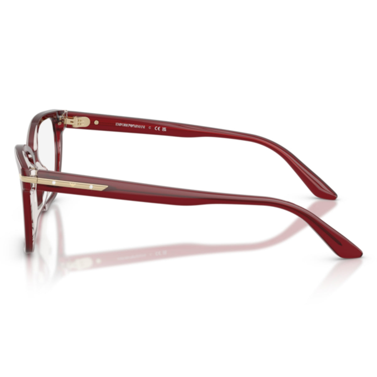 Emporio Armani EA3282BU shiny bordeaux cat-eye eyeglasses, side view of the temple