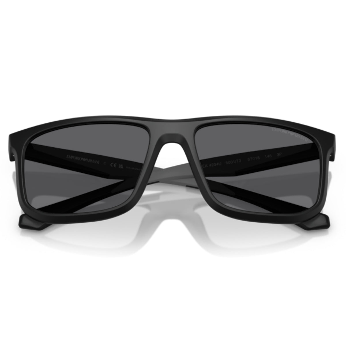 Emporio Armani EA4234U matte black square sunglasses, front view with the temples folded