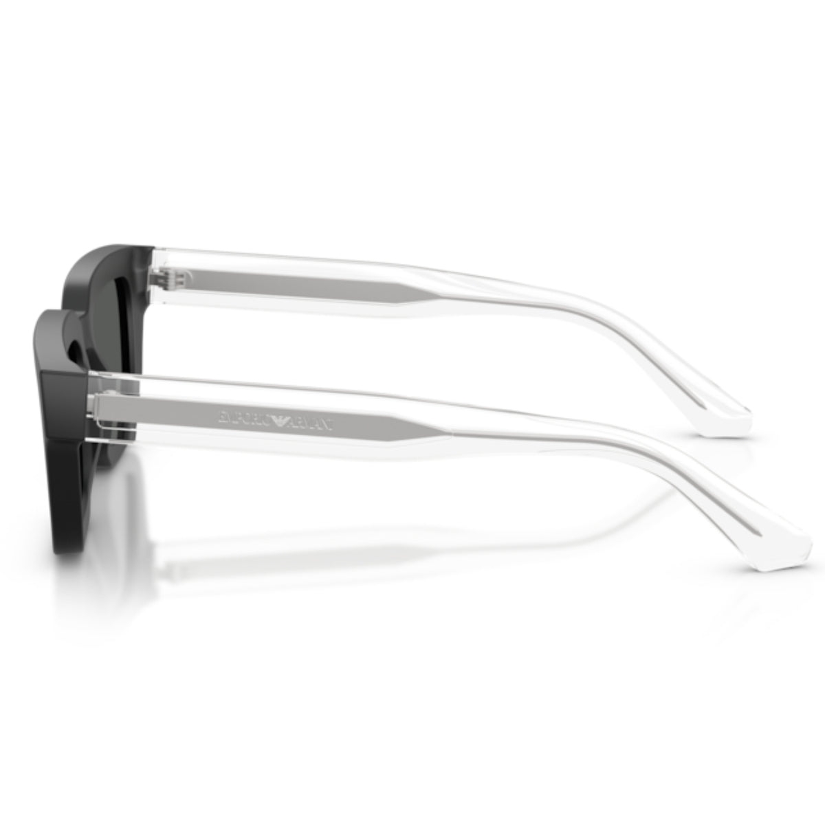Emporio Armani EA4270 matte black geometric sunglasses, side view of the crystal temple