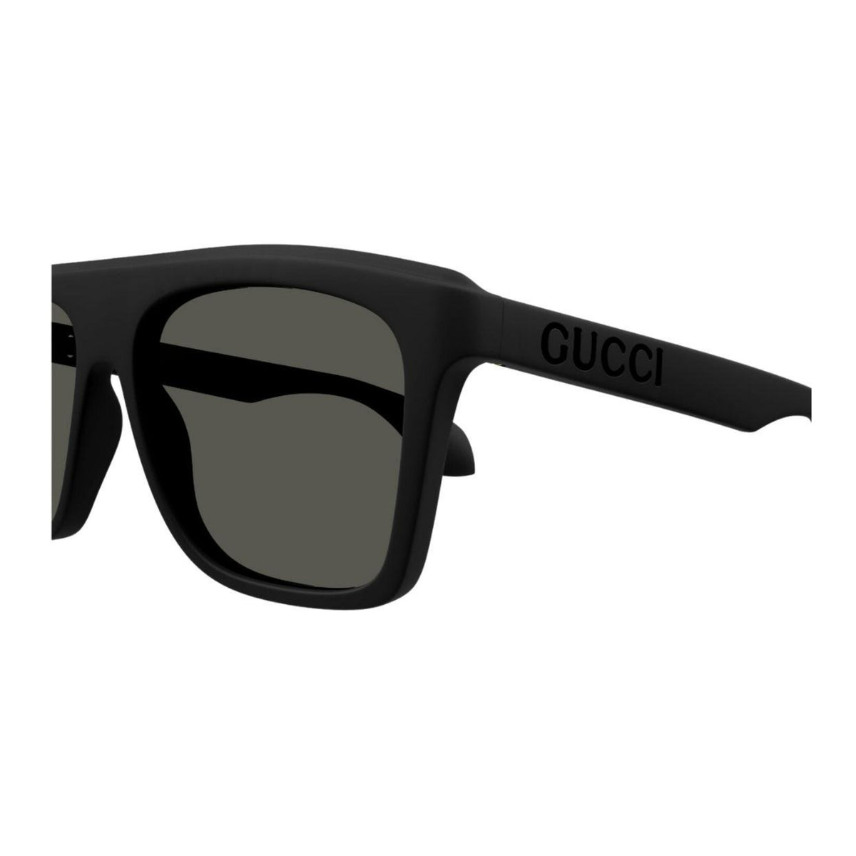 Close-up of the Gucci logo on the temple of the GG1570S black square sunglasses