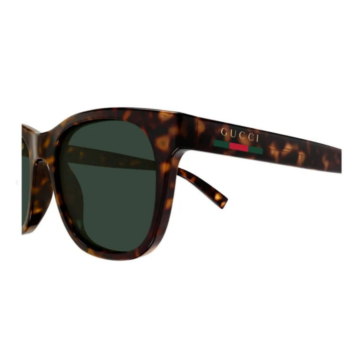 Close-up of the Gucci logo on the temple of the GG1985S havana square sunglasses