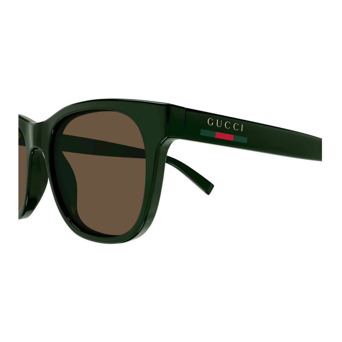 Close-up of the Gucci logo on the temple of the GG1985S green square sunglasses