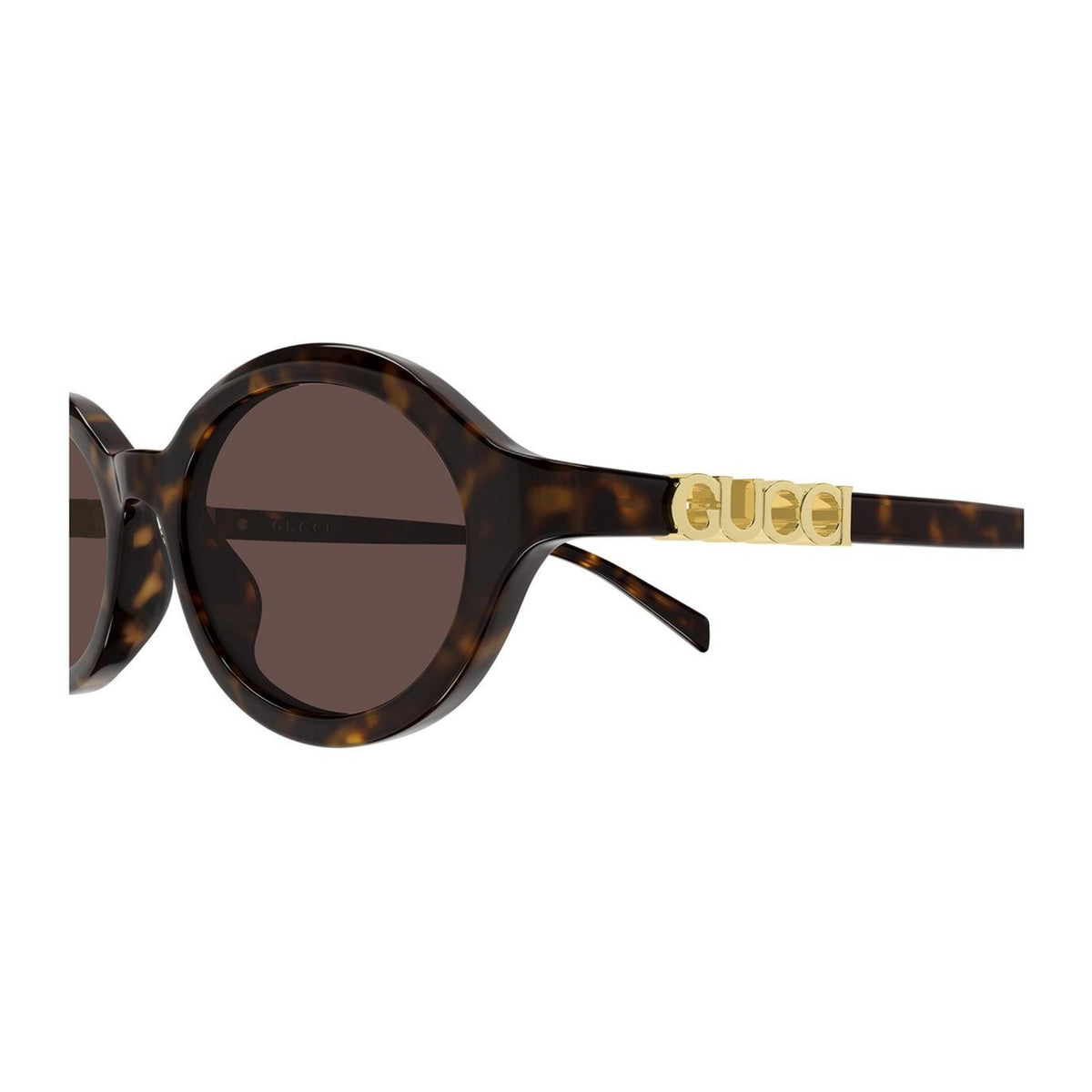 Close-up of the Gucci logo on the temple of the GG2153S havana oval sunglasses