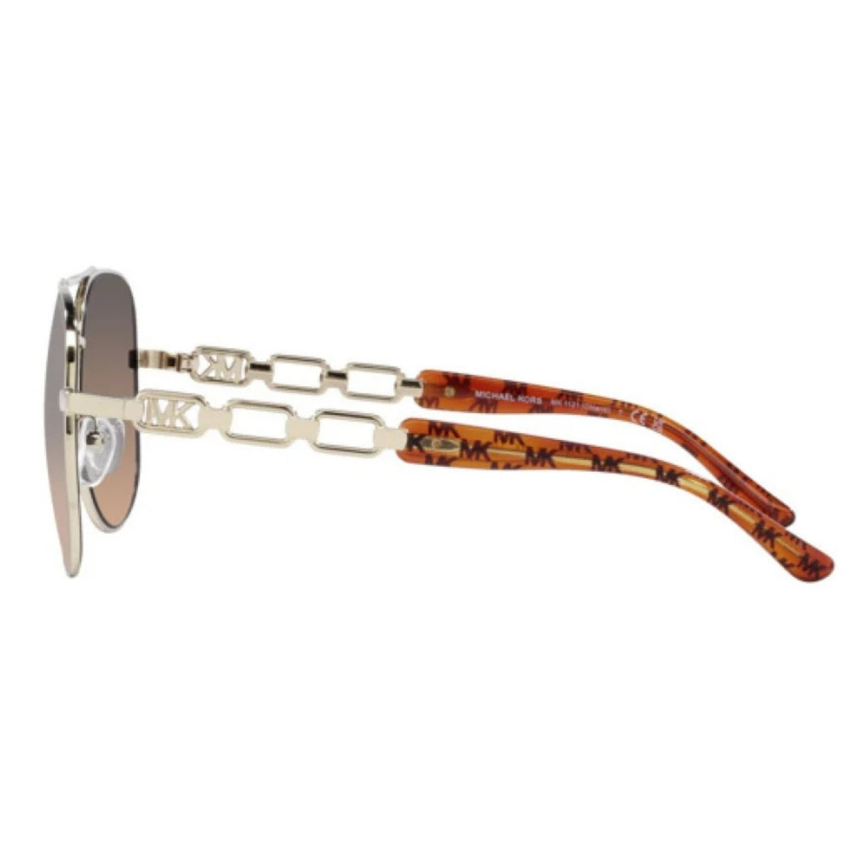 Michael Kors MK1121 light gold aviator sunglasses, side view of the light gold temple