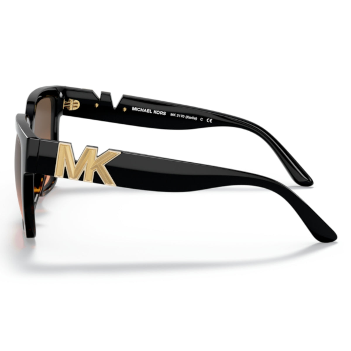 Michael Kors MK2170U black/dark tortoise square sunglasses, side view of the black/dark tortoise temple