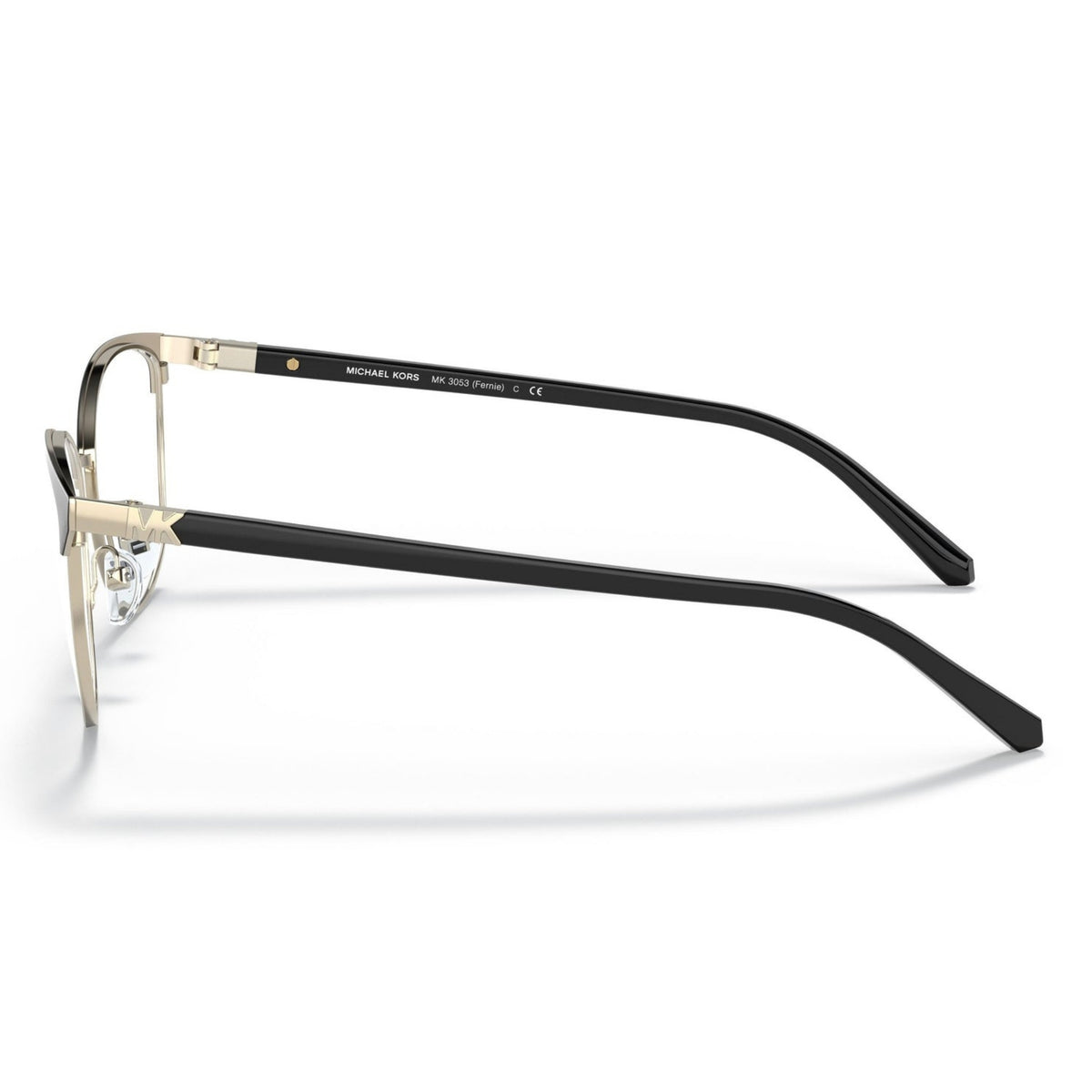 Michael Kors MK3053 matte black / light gold cat-eye eyeglasses, side view of the light gold temple